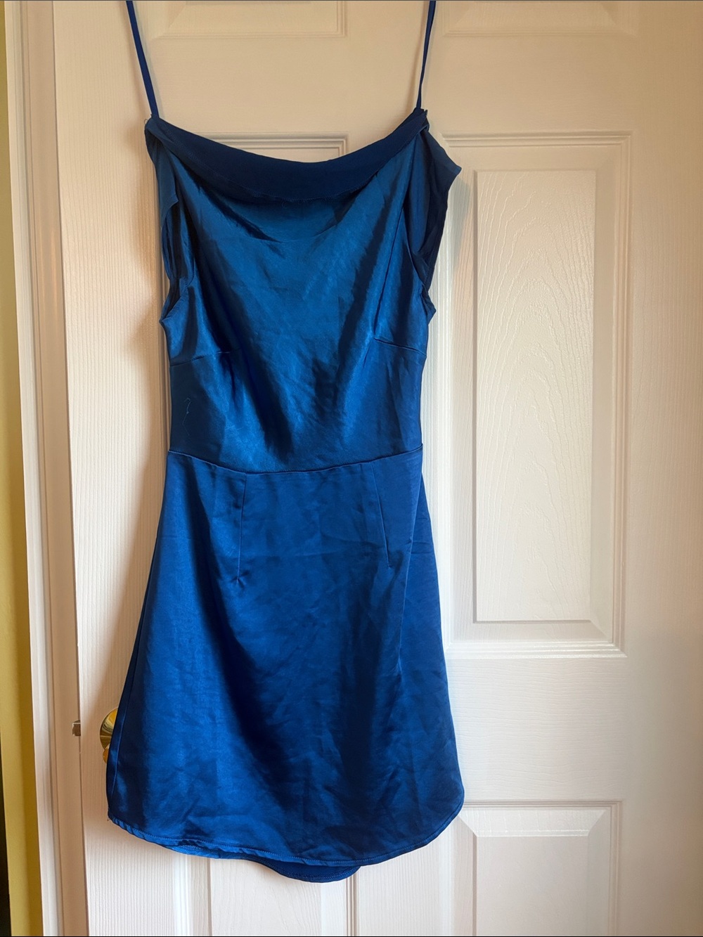 Hello Molly Royal Blue Satin Slip Dress with Cowl Neck cross cross back